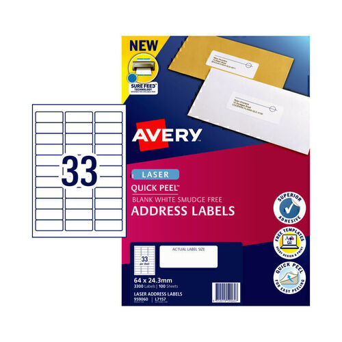 Avery Laser Label Quick Peel L7157 33Up Pk100