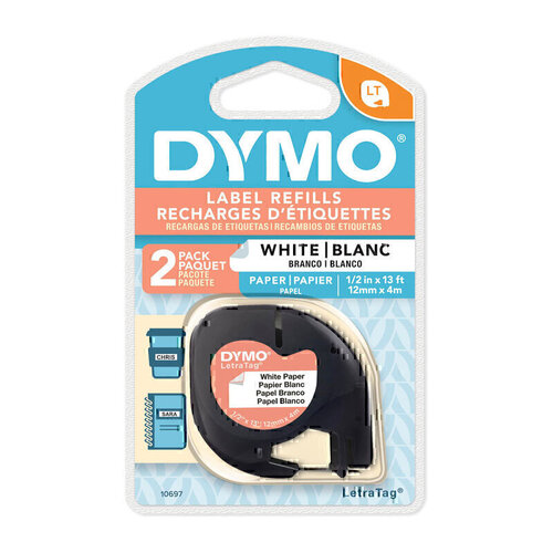 Dymo LetraTag Paper Tape 12mm x 4m White - 2 pack
