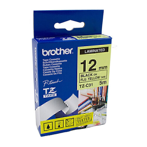 Brother 12mm Label Tape Black on Fluoro Yellow - 5 metres